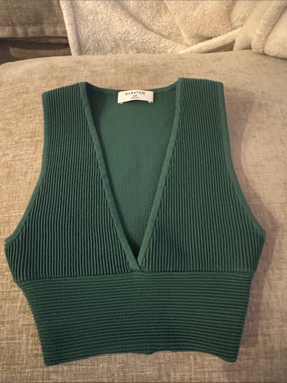 Babaton Forest Green Ribbed V-Neck crop top